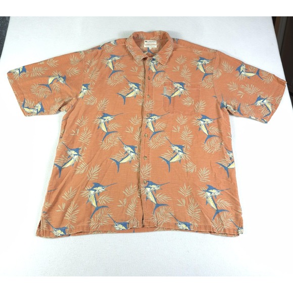 Columbia Shirt Mens 2XL Orange Marlin Fish Hawaiian Button Up Cotton Casual - Picture 1 of 9